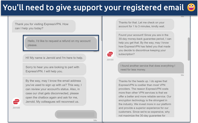screenshot of a chat with ExpressVPN’s support agent