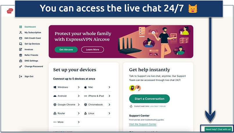 Image showing how to access ExpressVPN’s live chat
