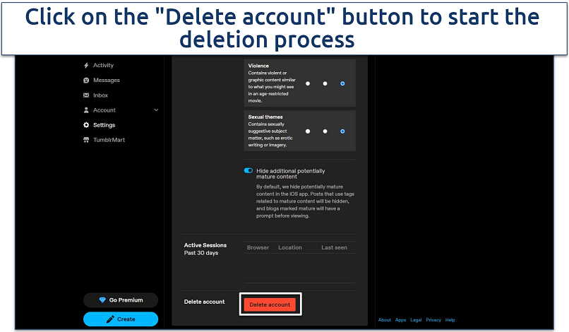 Screenshot of Tumblr Delete account