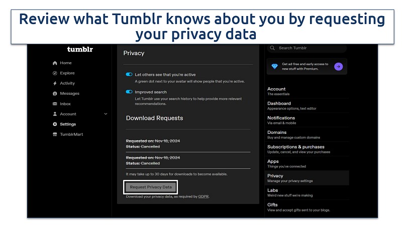 Screenshot of Tumblr request privacy data