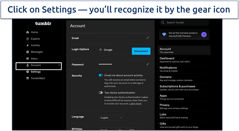 Screenshot of Tumblr settings