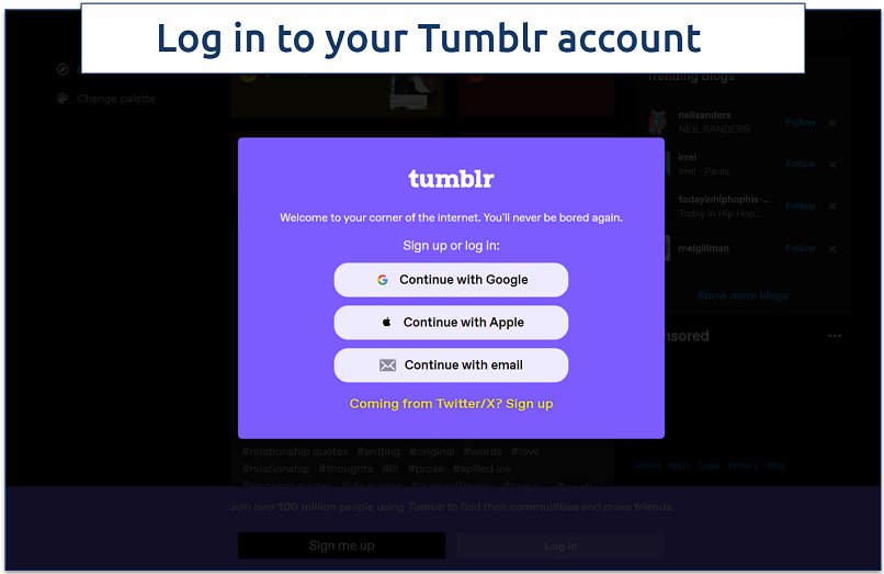 Screenshot of Tumblr login screen