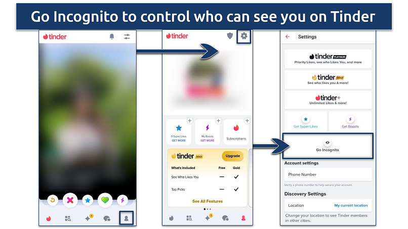 Screenshot of the Tinder Go Incognito feature