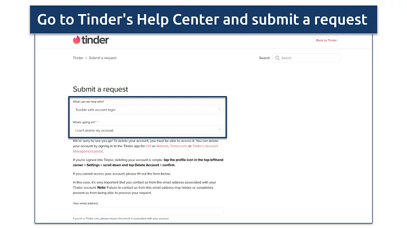 Screenshot of Tinder's Help Center page