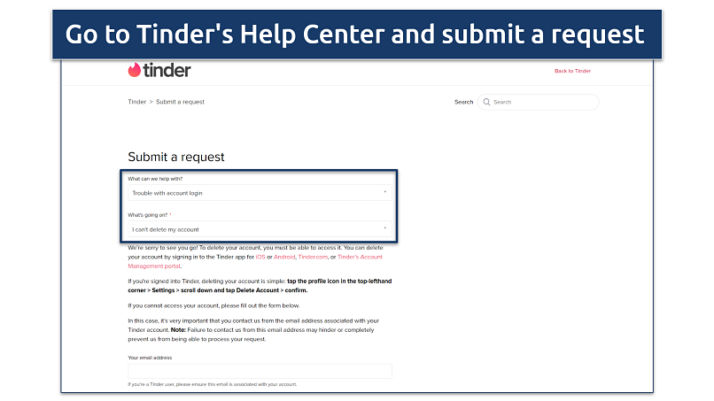 Screenshot of Tinder's Help Center page