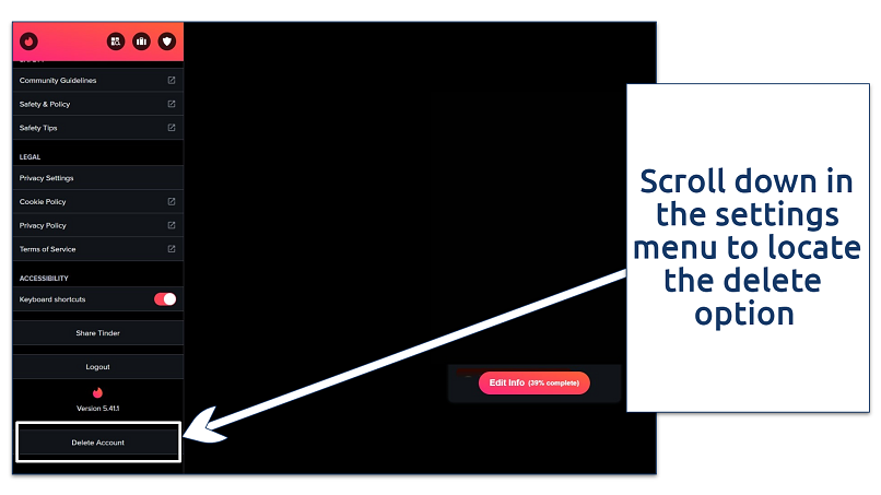 Screenshot of Tinder's desktop delete account option