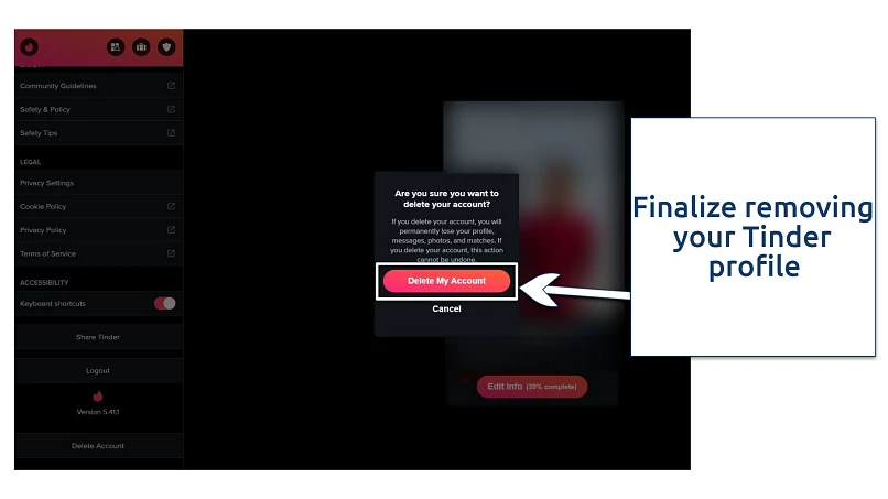 Screenshot of Tinder's desktop confirmation