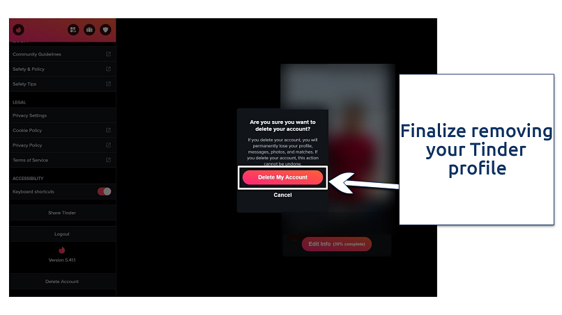 Screenshot of Tinder's desktop confirmation