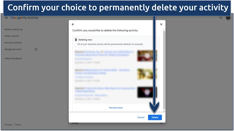Screenshot of Google My Activity deletion confirmation screen