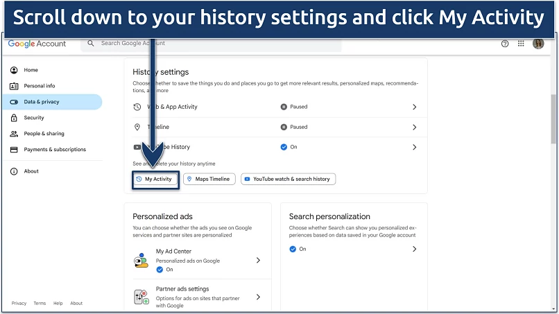 Screenshot of how to find your history settings within your Google Account