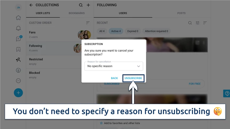 Screenshot showing the process of unsubscribing to OnlyFans