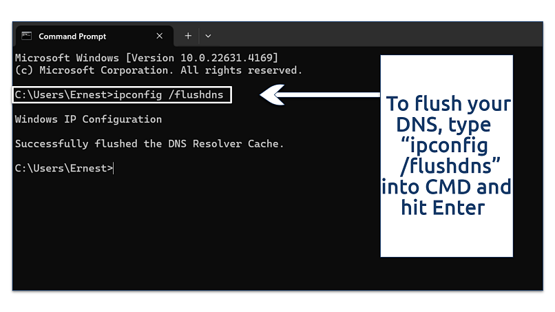 Screenshot showing how to flush DNS on Windows