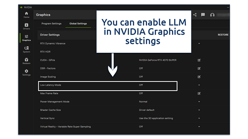 Screenshot showing how to enable NVIDIA's low latency mode