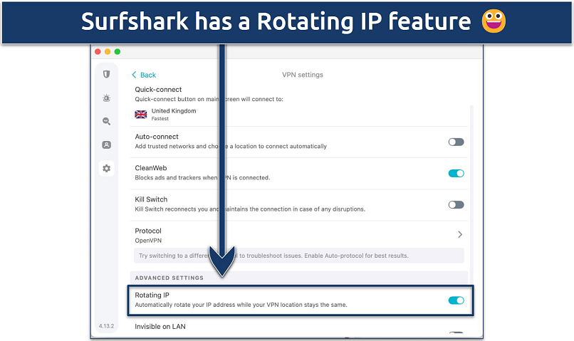 Screenshot of Surfshark’s Settings menus with the Rotating IP feature highlighted