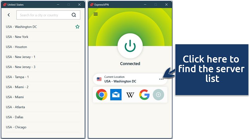 Screenshot of ExpressVPN’s Windows application with the list of US servers