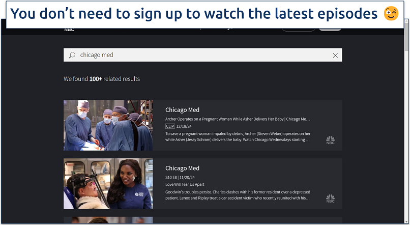 Screenshot of NBC’s website with Chicago Med search results