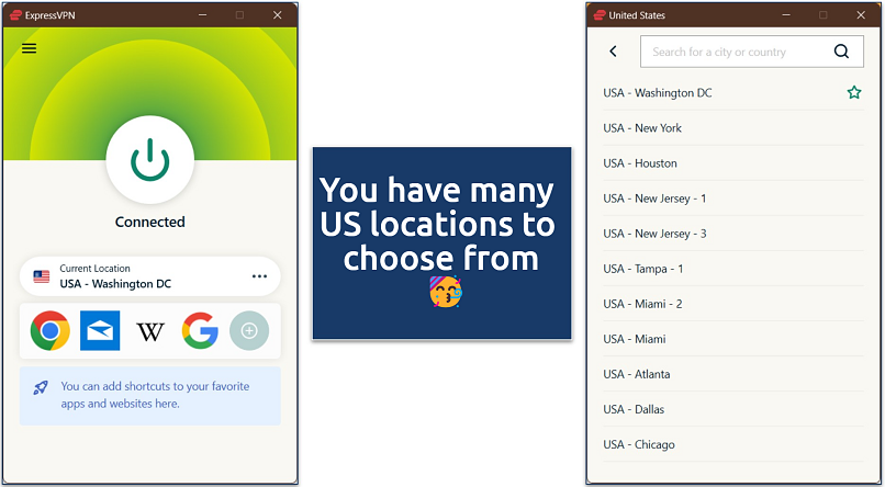 Screenshot of ExpressVPN’s Windows app connected to the US