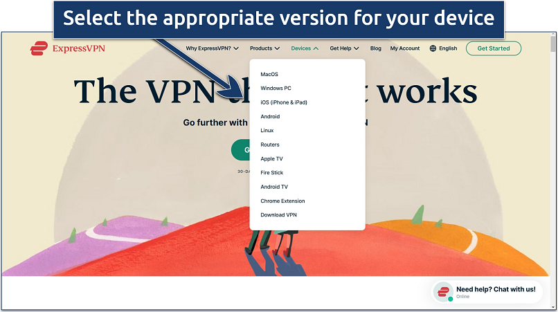 Screenshot of ExpressVPN’s website homepage with device compatibility tab open