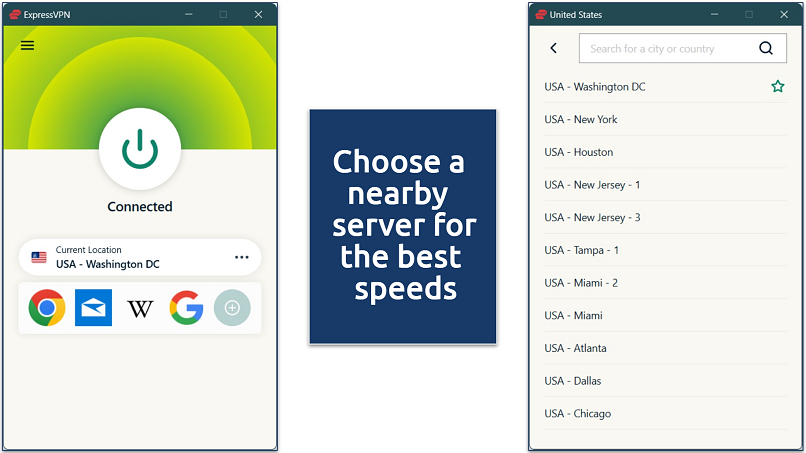 Screenshot of ExpressVPN’s Windows app with the US server list