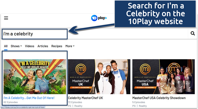 A screenshot of I’m a Celebrity Australia on 10Play