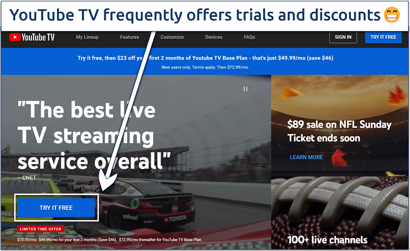 Screenshot of the YouTube TV home page with the