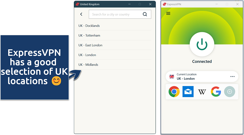 Screenshot of ExpressVPN’s Windows app connected to London, UK