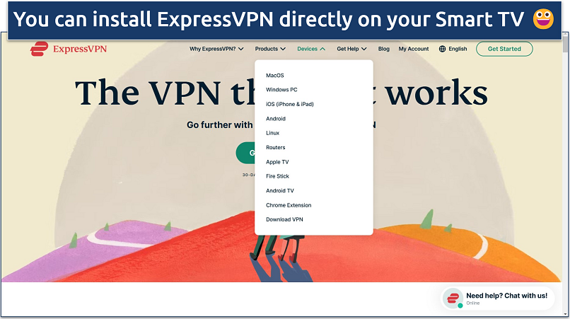 Screenshot of ExpressVPN’s website with information about device compatibility