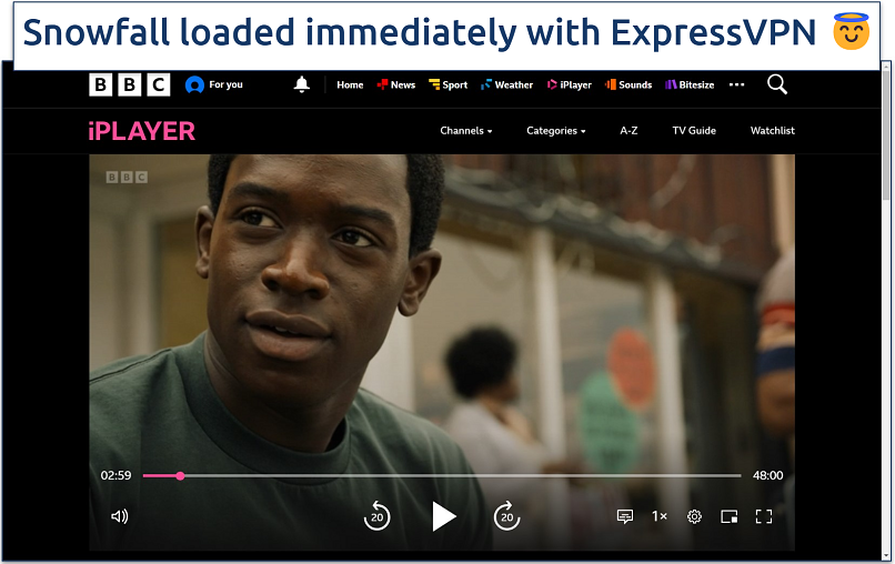 Screenshot of streaming Snowfall on Hulu while connected to ExpressVPN’s UK server