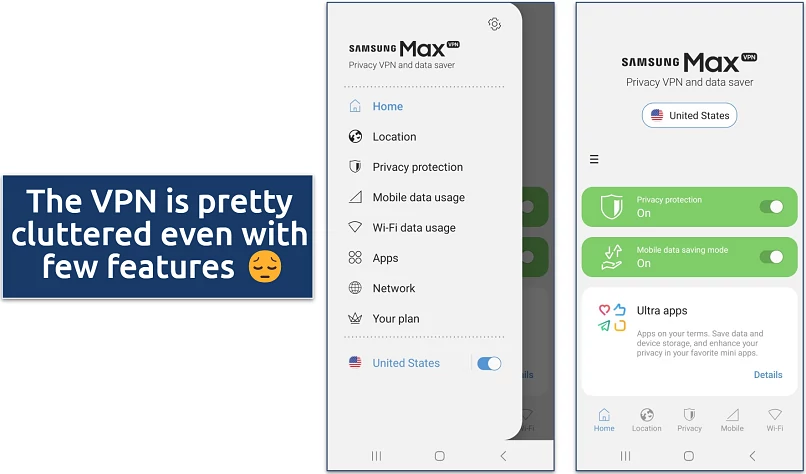 Screenshot of the Samsung Max VPN app on Android phones featuring the home page and settings tabs