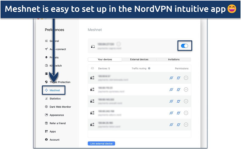 Screenshot of NordVPN’s Meshnet feature in macOS app
