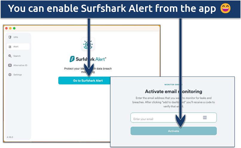 Screenshot of the Alerts feature in the Surfshark app