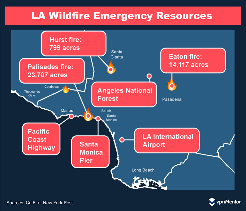 A map showing LA wildfires
