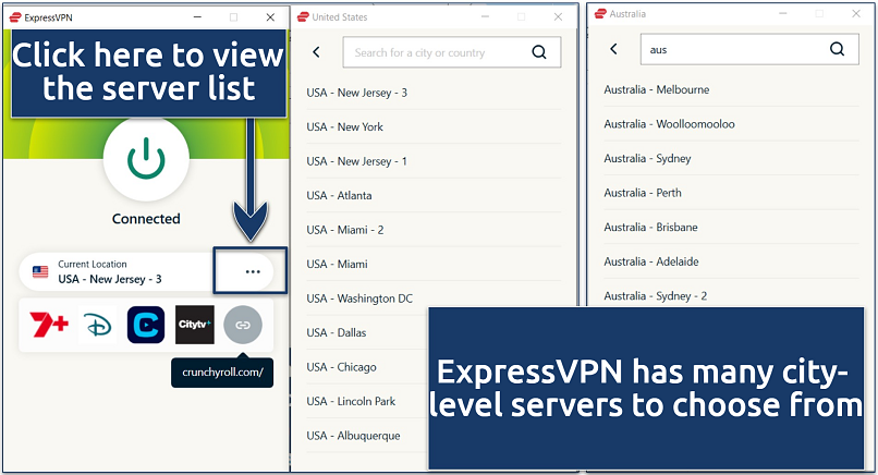 Screenshot showing ExpressVPN’s servers in the US and Australia, with a connection to the New Jersey server