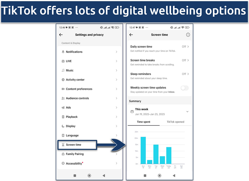 Screenshot showing TikTok’s digital wellbeing and screen time settings options