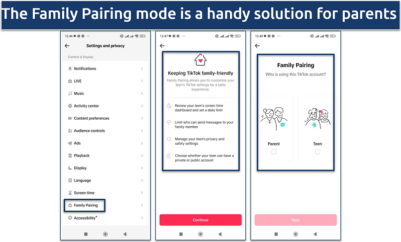 Screenshot showing TikTok’s Family Pairing mode
