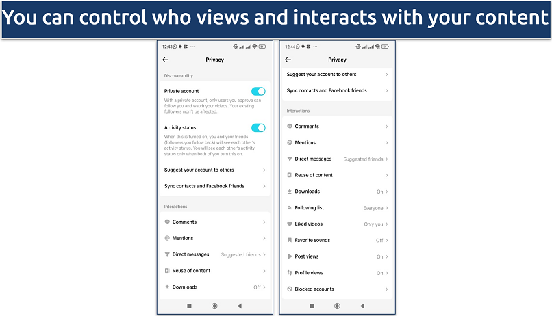 Screenshot showing TikTok’s privacy settings options