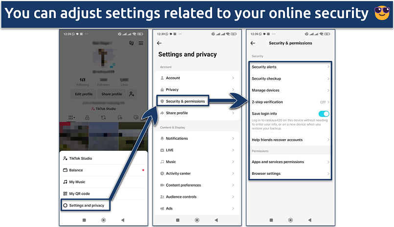 Screenshot showing how to access Security and permissions settings on TikTok’s Android app