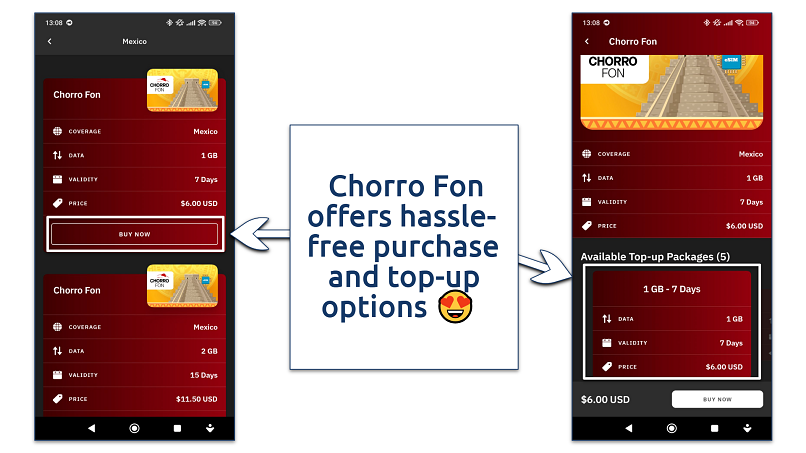 Screenshot of Airlao’s Chorro Fon eSIM options