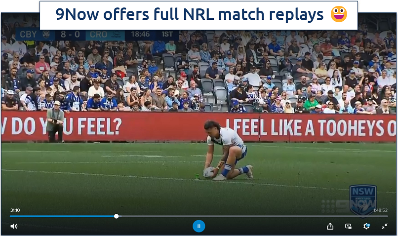 Screenshot of streaming CBY vs CRO from the NSW NRL league on 9Now
