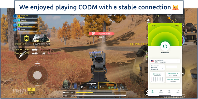 Screenshot of CODM gameplay with ExpressVPN connected
