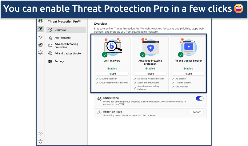 Screenshot showing how to enable NordVPN’s Threat Protection Pro