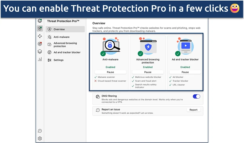 Screenshot showing how to enable NordVPN's Threat Protection Pro
