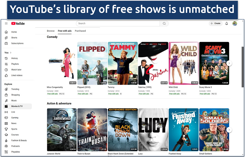 Screenshot of YouTube Movies & TV with its selection of