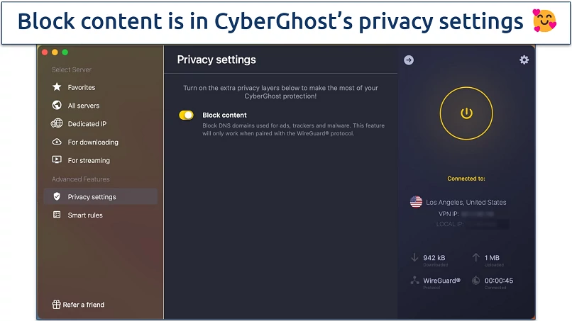 Screenshot of the privacy settings in the CyberGhost app with the Block content feature enabled