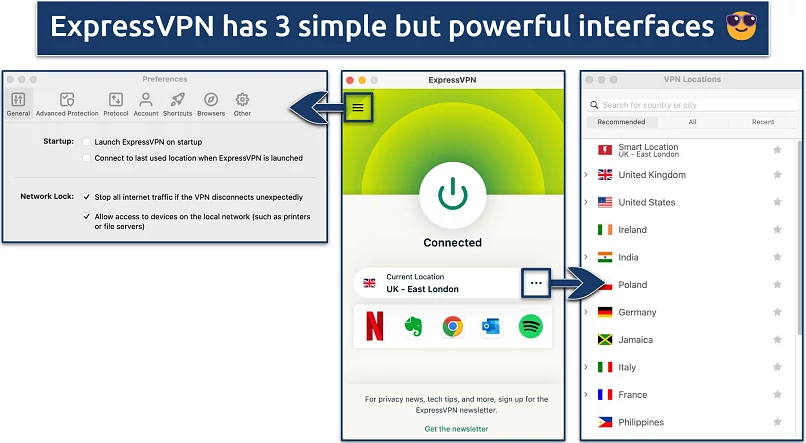Screenshot showing the 3 main views of the ExpressVPN app