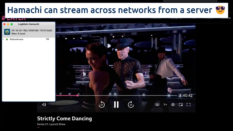 Screenshot showing the Hamachi app on a server over a browser streaming iPlayer