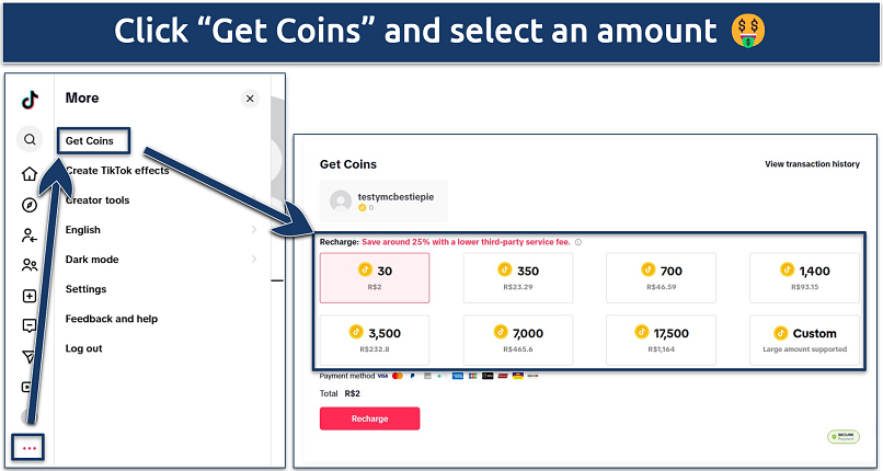 A screenshot showing how to access TikTok’s Coin purchase screen