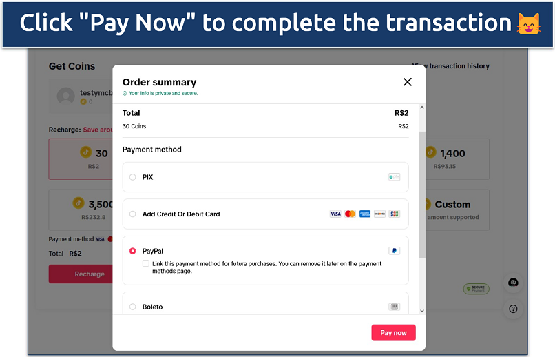A screenshot showing how to buy TikTok’s Coins