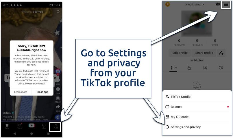 Screenshots of the TikTok app interface with the steps to go to the