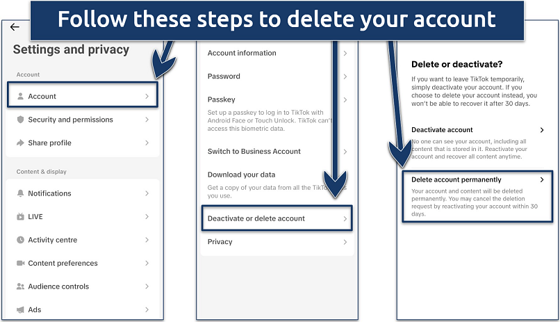 Screenshots of the TikTok app menu interface with the steps to go to